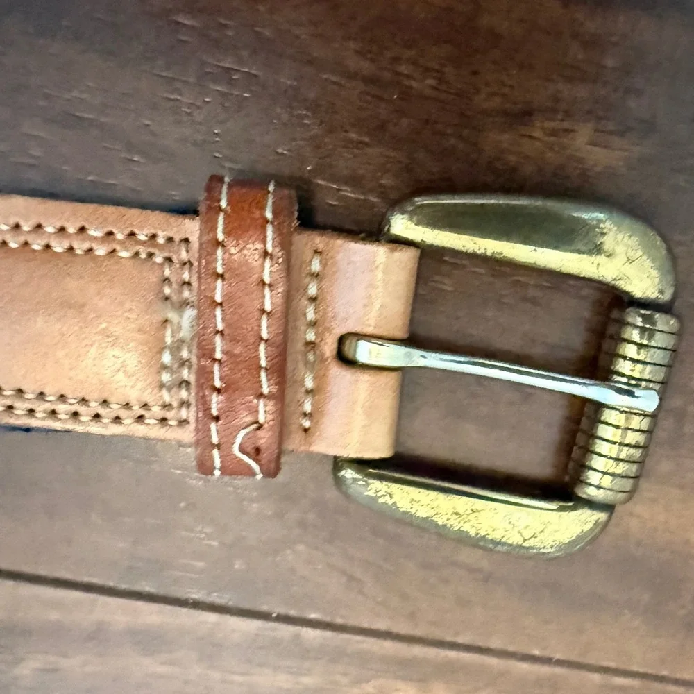 Dockers Mens Blue Canvas Leather Belt Size 34 Brass Roller Buckle Casual 1.5in